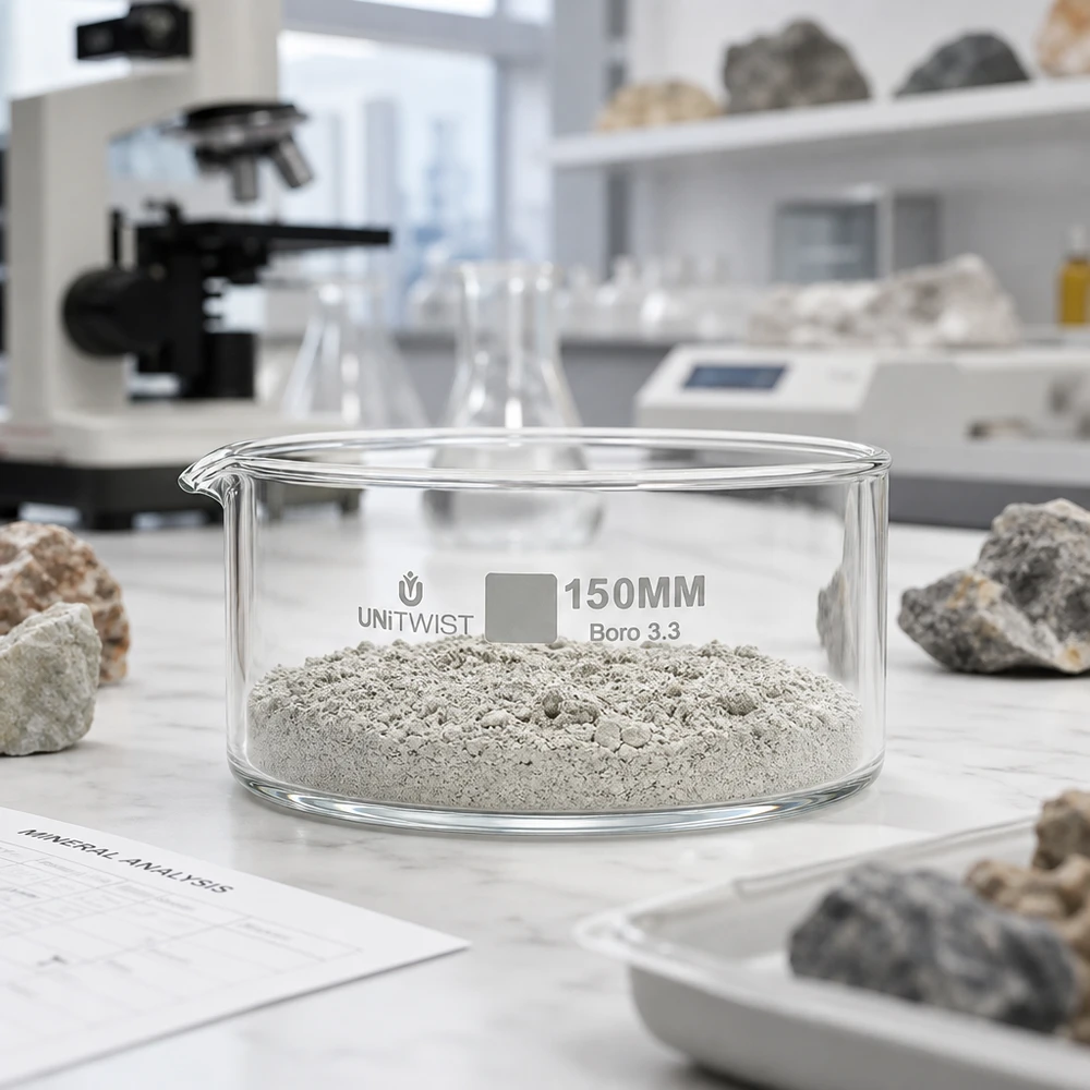 Krystalliseringsskål ø150mm borosilikatglas UNiTWIST Krystalliseringsskål 150 mm UNiTWIST Boro 3.3 med gråt mineralpulver til mineralanalyse i laboratoriet