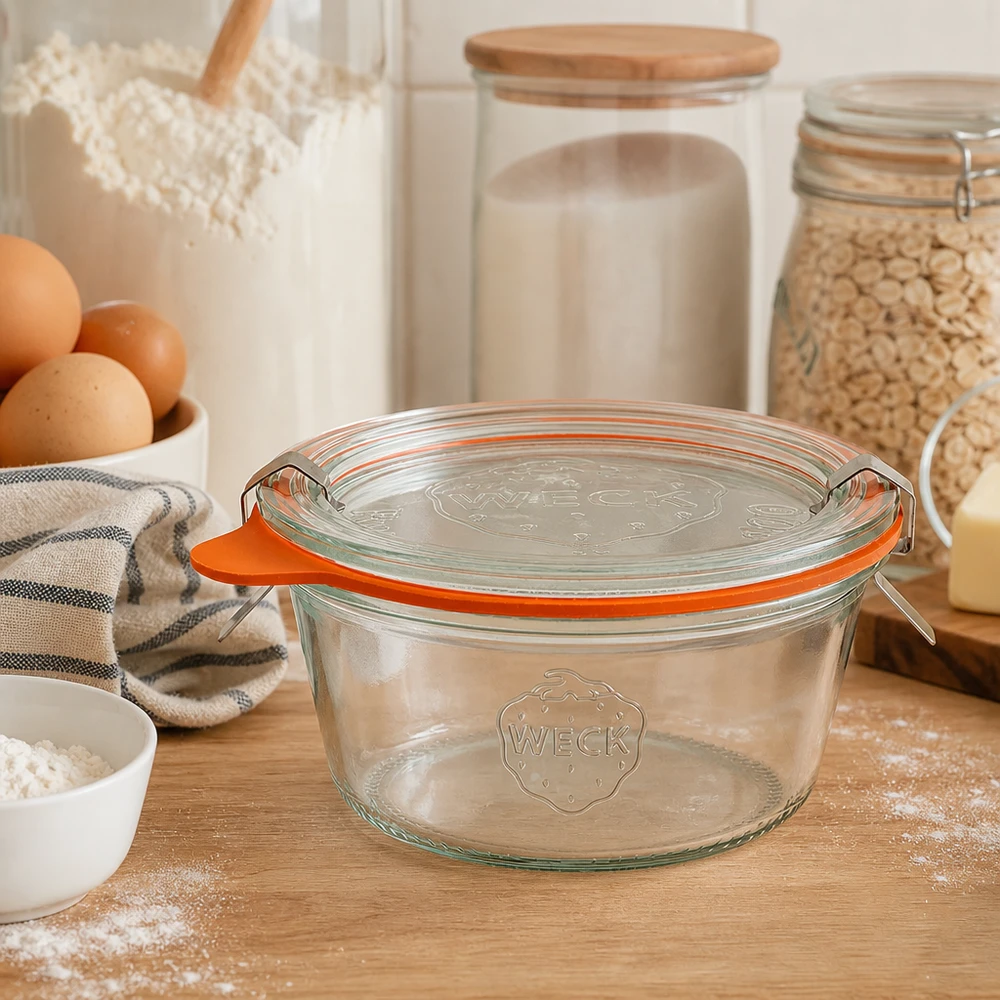 290 ml Briller lav komplet WECK RR100 WECK Sturzglas 290ml RR100 in moderner Küche mit Backzutaten zeigt praktische Aufbewahrung und edles Design
