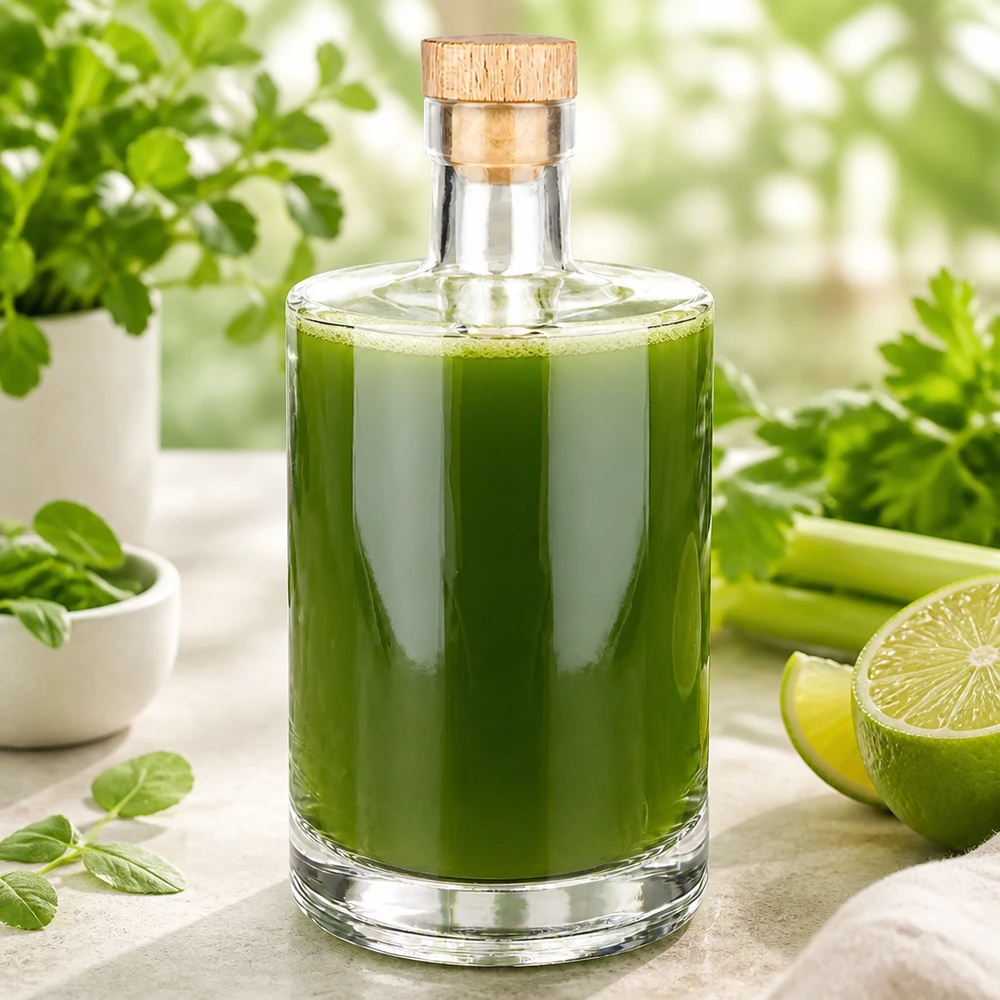 700 ml glasflaske »Marie« med træhåndtag UNiTWIST® 700ml Glasflasche Marie mit grünem Smoothie befüllt neben frischen Kräutern und Limetten in heller Küche