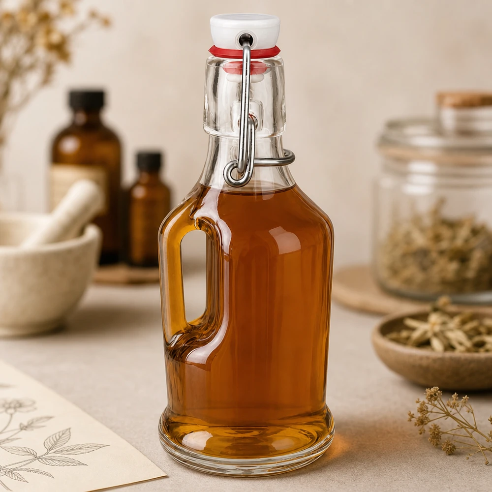 200 ml glasflaske »Bertha« og PVC-skruelåg UNiTWIST® Glasflaske Bertha 200 ml med ravfarvet fyld, naturlig køkkenscene med urter og krydderier, UNiTWIST-låg