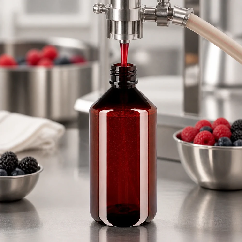 PET-flaske 750 ml med forstøver sort Påfyldning af bærekstrakt i brune 750 ml PET-flasker med sort forstøver i produktionen