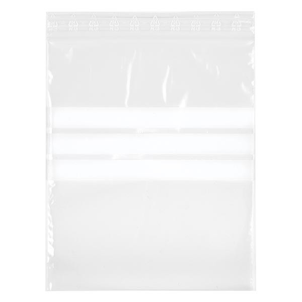 PolyZip med skrivefelt (pakke med 100) 90x110mm. Fremstillet af klar PE 50µm. Også til fødevarer. Med skrivefelt og zip-trykforsegling.