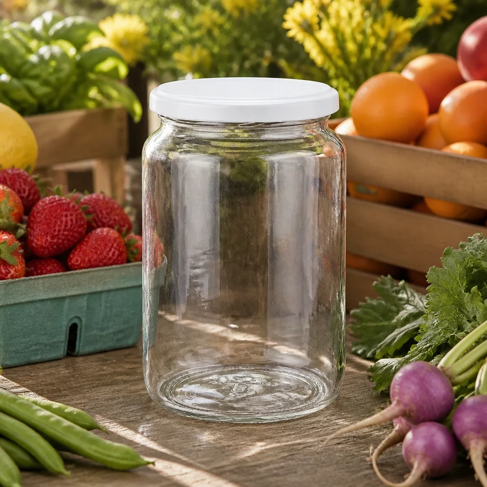 795 ml rund krukke med BasicSeal-låg hvid UNiTWIST Klares 795ml Rundglas mit weißem Deckel inmitten von frischem Obst und Gemüse - perfekt für Marmelade und Eingemachtes