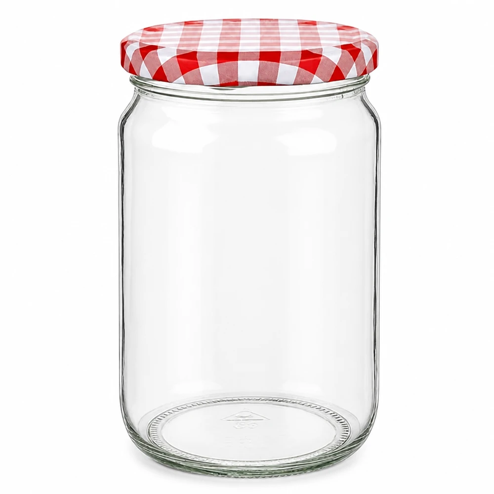 795 ml rund krukke med BasicSeal-låg rød/hvid UNiTWIST 795 ml rund krukke med rød- og hvidternet BasicSeal-låg, tom konserveringskrukke til konservering og opbevaring