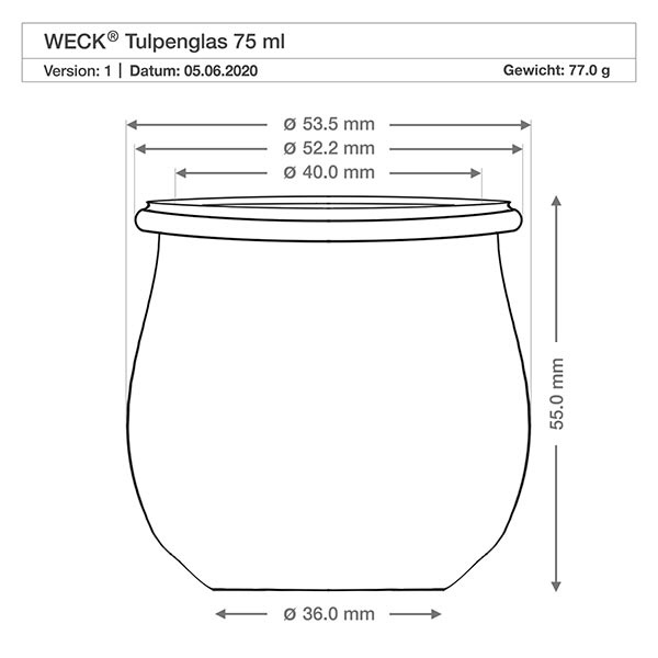 75 ml tulipankrukke WECK RR40 med kork natur Teknisk tegning WECK tulipankrukke 75ml RR40 med mål Diameter Højde Vægt Produktspecifikation