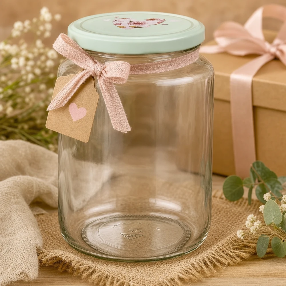 795 ml rund glas + BasicSeal låg hjerte mint UNiTWIST 795 ml rund krukke med mintfarvet BasicSeal hjerteformet låg dekoreret med en lyserød sløjfe og gavemærke som en gaveidé