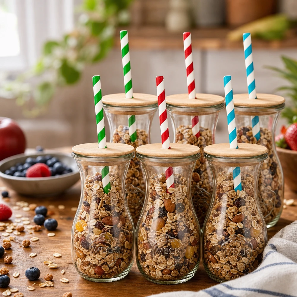 6 x WECK 290 ml juiceflaske RR60 med trælåg og 100 eco S WECK juiceflasker 290 ml fyldt med mysli nødder som opbevaringsglas trælåg farverige papirsugerør køkkendekoration