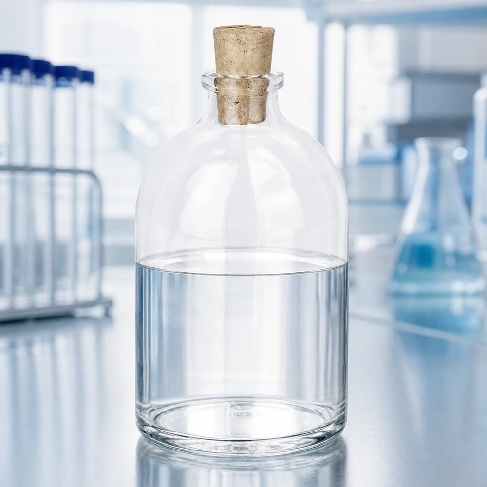Flaske i klart glas 100 ml med kork 11/14 mm Handliche Glasflasche 100ml Korkverschluss auf Edelstahloberfläche in professioneller Laborumgebung