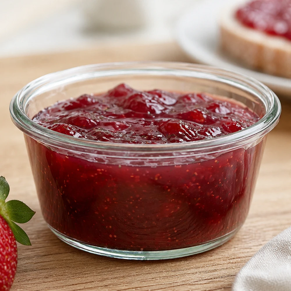 290 ml gourmetglas WECK RR100 WECK RR100 290 ml gourmetglas fyldt med jordbærmarmelade på køkkenbord ved siden af jordbær og brød med marmelade
