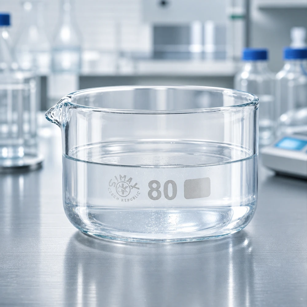 Krystalliseringsskål 150 ml med borosilikat-tud Lav, cylindrisk krystalliseringsskål på 150 ml med udløb på en overflade af rustfrit stål i laboratoriet