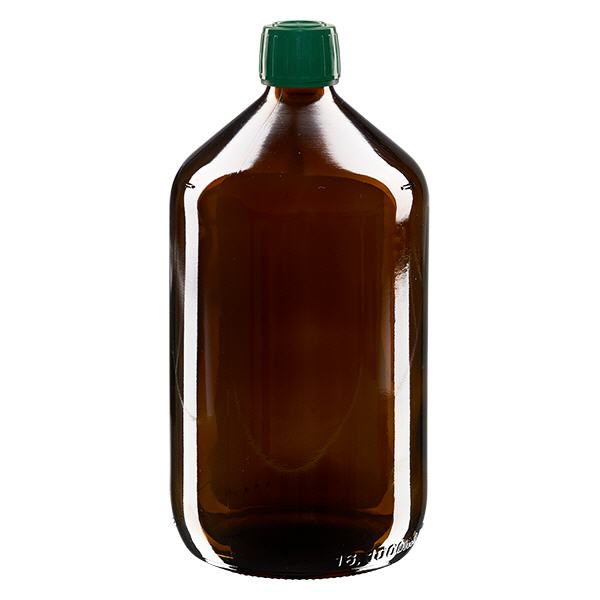 1000 ml medicinflaske brun, hætte grøn med tyverisikring ApoGlas. Farmaceutisk kvalitet fra EU-produktion. 28 mm (PP28) gevind. (sirup, lys glasflaske) 1000 ml medicinflaske brun, hætte grøn med tyverisikring ApoGlas. Farmaceutisk kvalitet fra EU-produktion. 28 mm (PP28) gevind. (sirup, lys glasflaske)