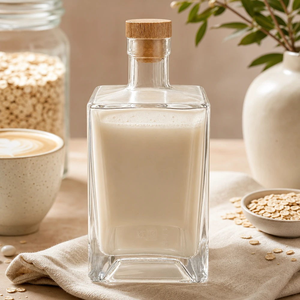 700 ml glasflaske »Ben« med træhåndtagskork UNiTWIST® 700 ml glasflaske Ben fyldt med havremælk ved siden af havreflager og kaffekop naturligt køkkenlandskab UNiTWIST