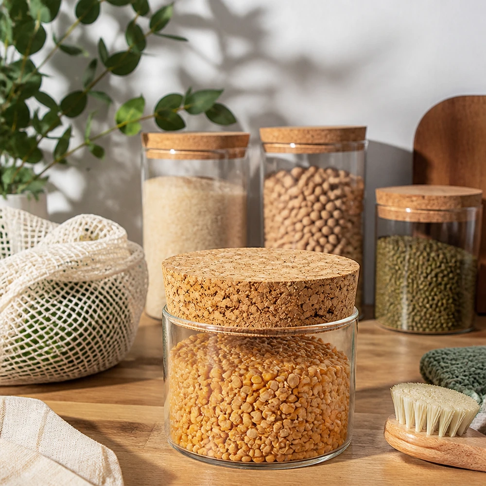 Kork til 40 mm åbning WECK RR40 (ø38/43, H=20 mm) Bæredygtige opbevaringskrukker med korklåg og WECK korkprop RR40 i moderne køkken zero waste opbevaring naturkork