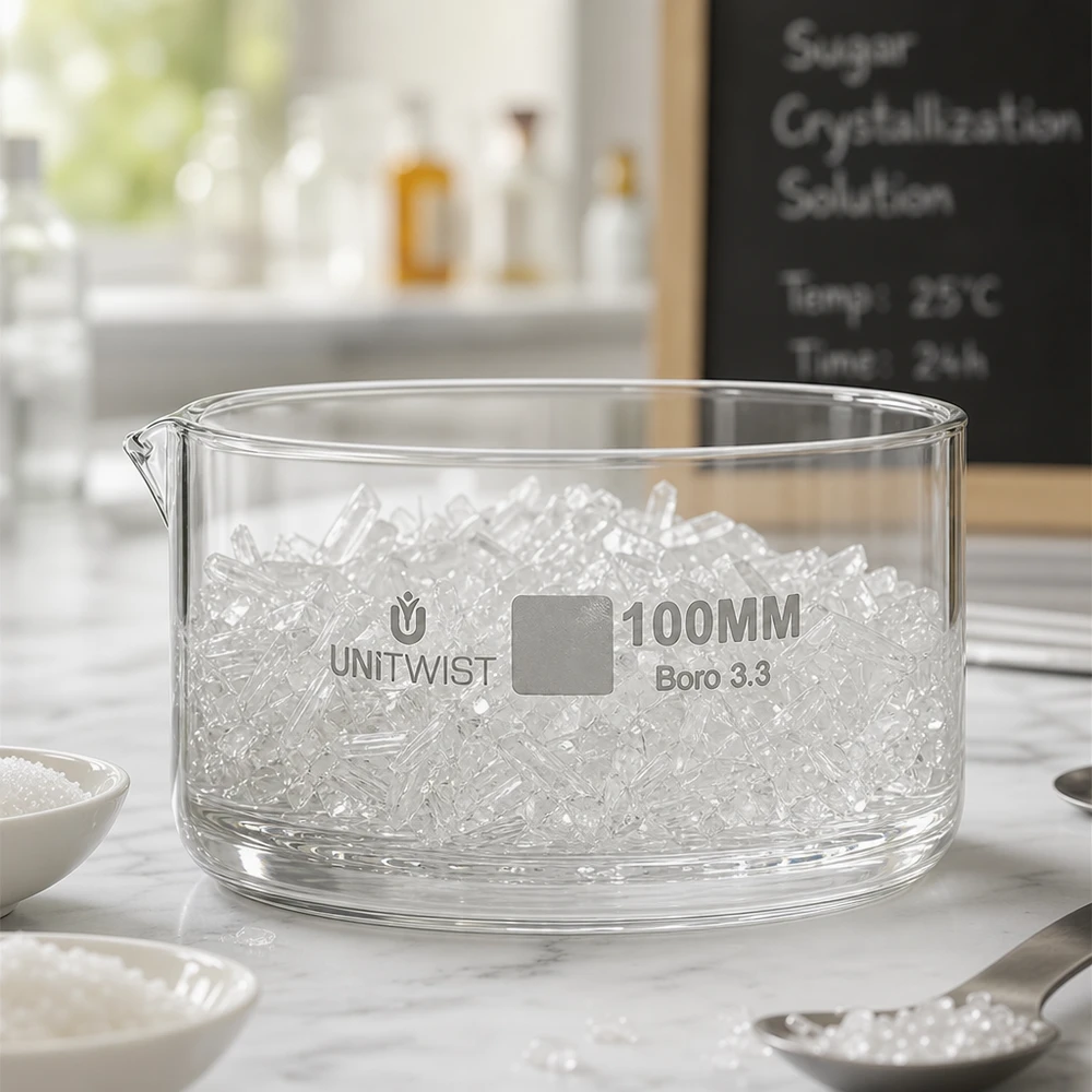 Krystalliseringsskål ø100mm borosilikatglas UNiTWIST Krystalliseringsskål 100 mm med sukkerkrystaller, borosilikatglas, UNiTWIST laboratorieskål til krystallisering