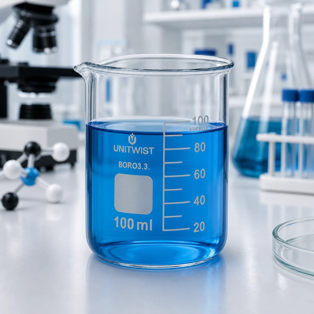 Bæger 100 ml borosilikat, lav form UNiTWIST UNiTWIST 100 ml boresilikatglas, lav form, med blå væske i laboratoriet
