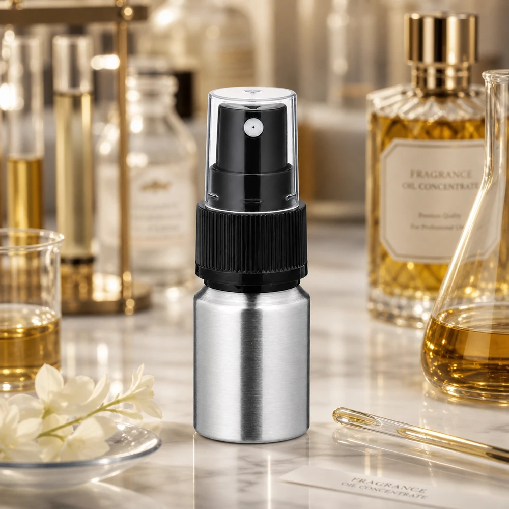 10 ml flaske i poleret aluminium med forstøver 10 ml poleret aluminiumsflaske med spraypumpe - professionel emballageløsning til flydende kosmetik