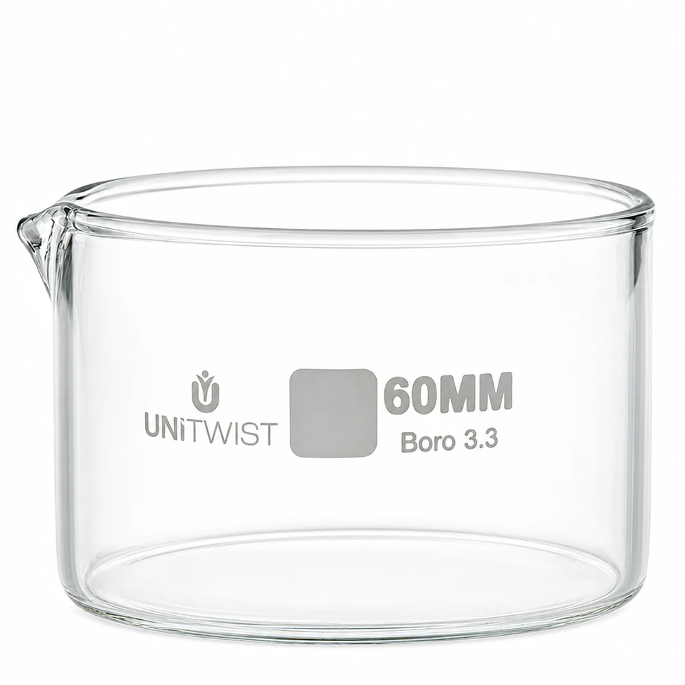 Krystalliseringsskål ø60mm borosilikatglas UNiTWIST Krystalliseringsskål 60 mm, borosilikatglas, UNiTWIST Boro 3.3, gennemsigtig, cylindrisk med udløb