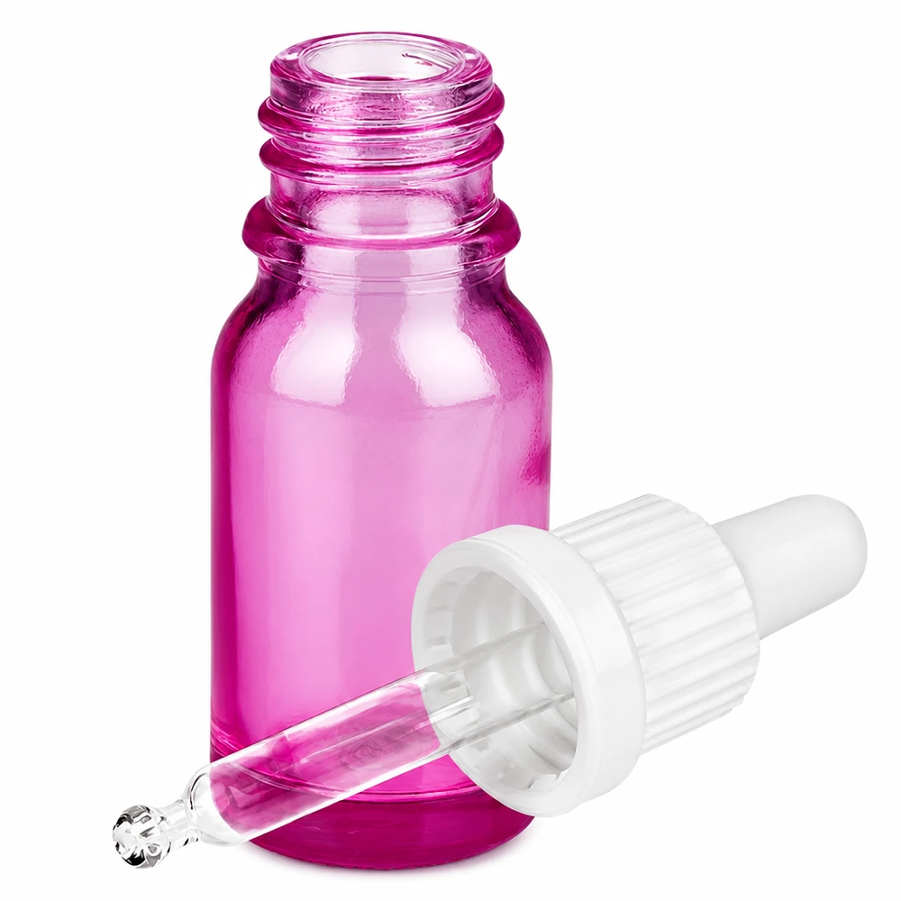 10 ml pipetteflaske hvid Originality skruelåg PurpleLine UT18/10 Lilla glasflaske 10 ml med pipette og hvid dråbehætte OV PurpleLine UT18/10