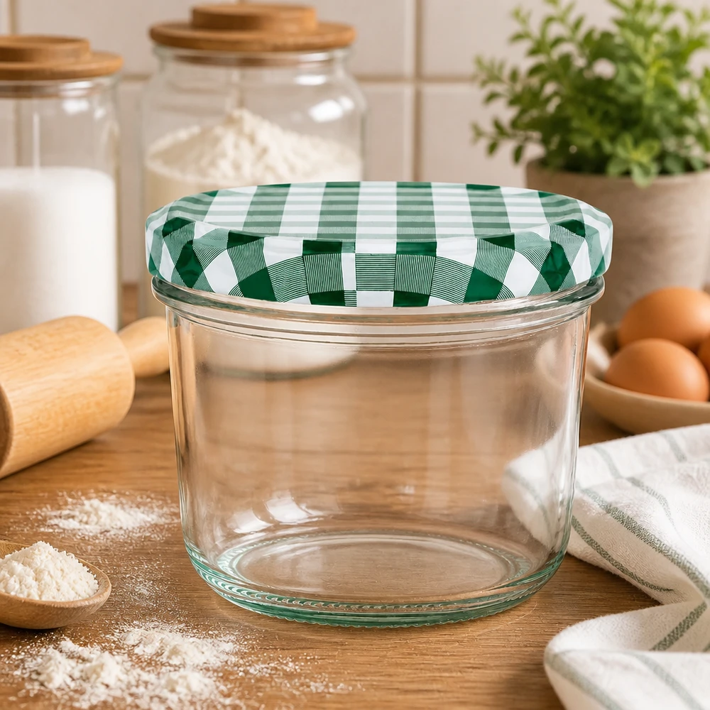 230 ml Briller + BasicSeal-låg grøn/hvid UNiTWIST Tomme 230 ml glas BasicSeal låg grøn og hvid ternet køkkenscene mel æg træplade konservesglas