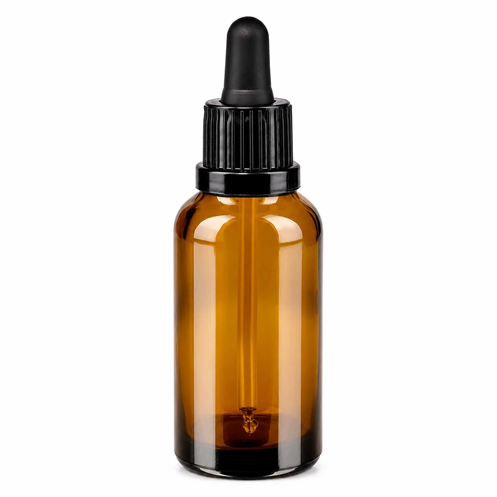30 ml pipetteflaske sort OV BrownLine UT18/30 30 ml pipetteflaske i ravfarvet glas med sort hætte til æteriske olier og serum