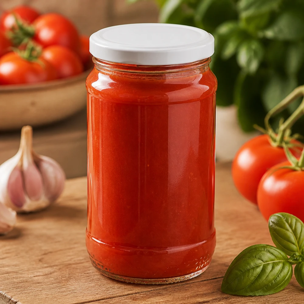 370 ml rundt glas + BasicSeal hvid UNiTWIST 370 ml UNiTWIST-glas med hvidt BasicSeal-låg, fyldt med tomatsauce og omgivet af friske ingredienser