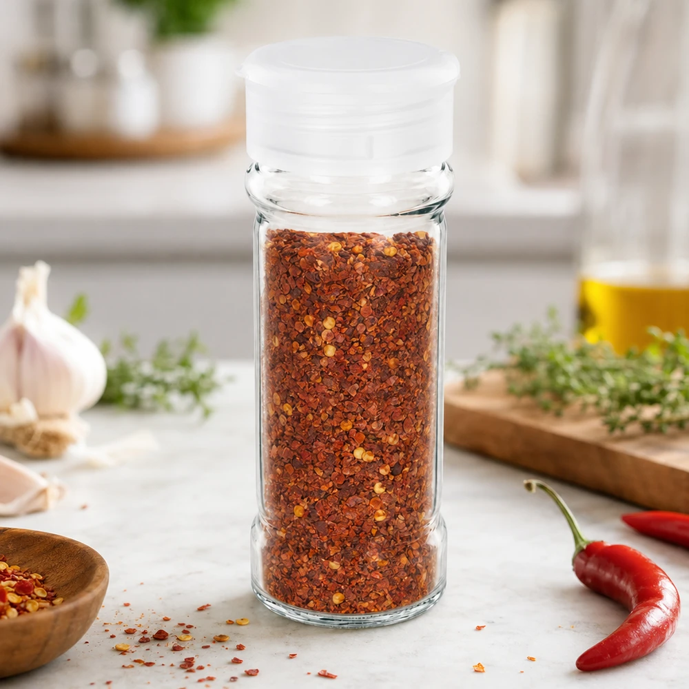 Salt-/krydderikrukke 100 ml med strøer, hvid Krydderiglas på 100 ml fyldt med chiliflager og med hvidt strøelåg