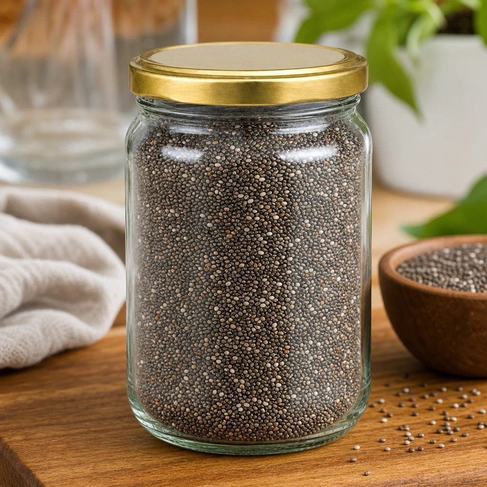 305 ml rund krukke med BasicSeal-låg i guld UNiTWIST 305ml Rundglas UNiTWIST mit goldenem Deckel gefüllt mit Chiasamen - praktisches Vorratsglas für Küche