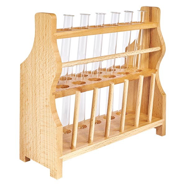 Reagensglasstativ i træ med 12 reagensglas, borosilikat 100x12