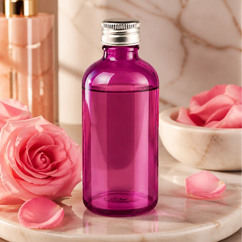 100 ml flaske. 11 mm skruelåg aluminium-sølv standard PurpleLine. UT18/100 100 ml glasflaske i høj kvalitet i lilla til kosmetiske produkter med robust aluminiumslåg