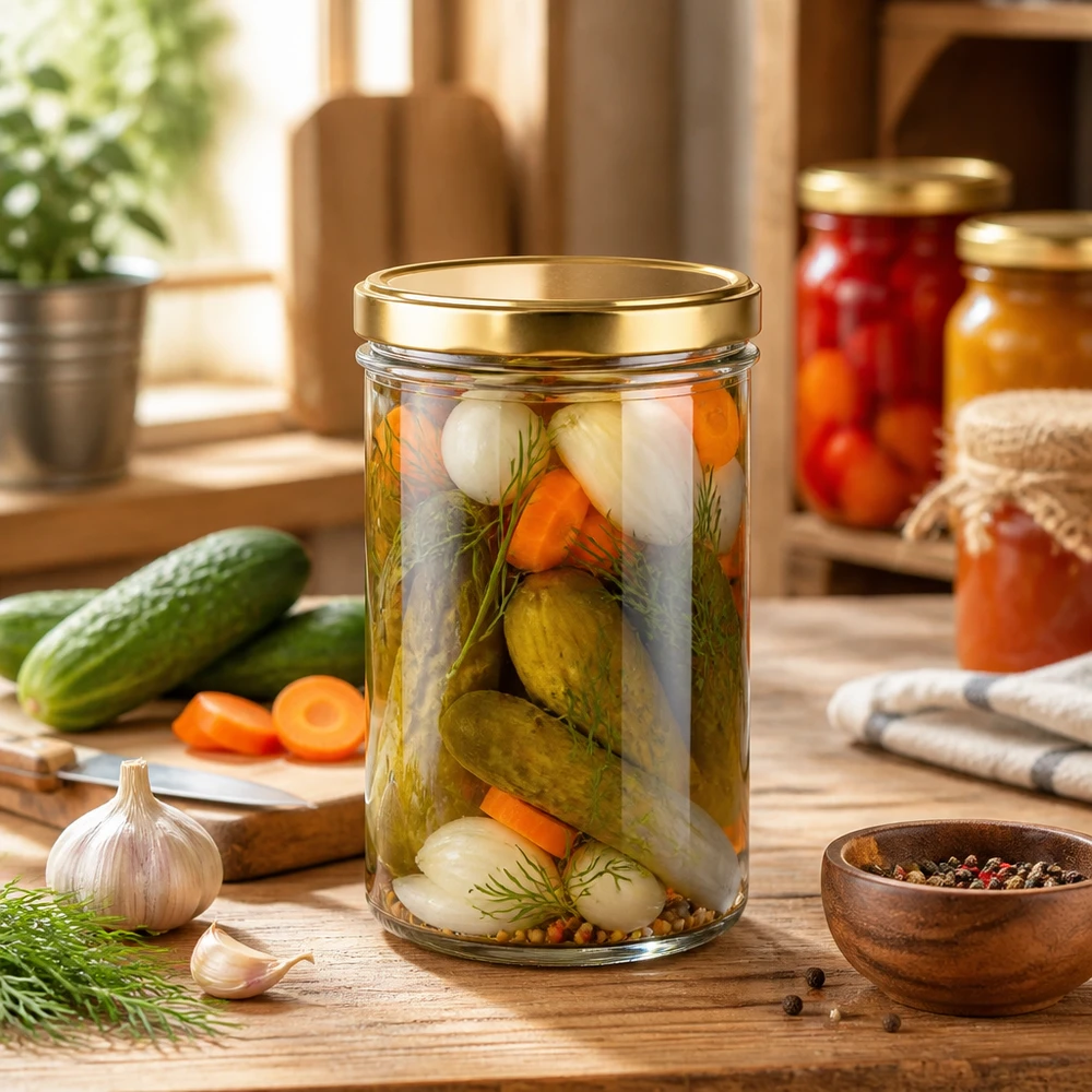 277 ml Briller med BasicSeal-låg guld UNiTWIST 277 ml guldkrukke med syltede grøntsager agurker gulerødder dild som syltekrukke til konserves og pickles