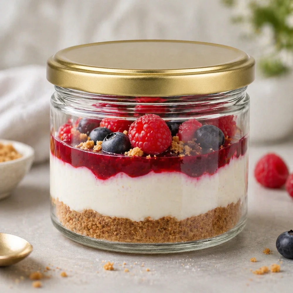 700 g honningglas med gyldent låg BasicSeal UNiTWIST 700 g BasicSeal honningkrukke med guldlåg som dessertkrukke til lagdelte desserter med bær og kiksebund