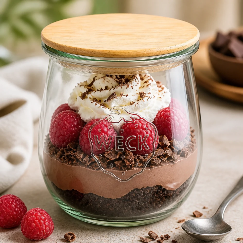 220 ml tulipankrukke WECK RR60 med trælåg WECK tulipankrukke 220ml RR60 med trælåg som dessertkrukke - Chokolademousse med hindbær og fløde i en syltekrukke
