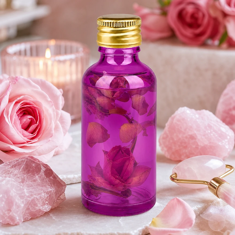 50 ml flaske 11 mm skruelåg aluminium guld standard PurpleLine. UT18/50 50 ml apotekerflaske i violet med 11 mm guldhætte, ideel til serum og essenser