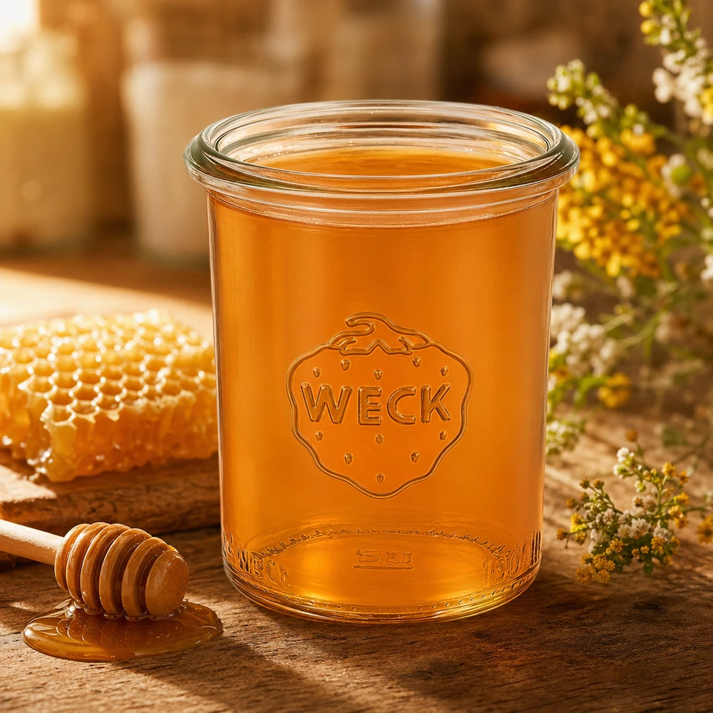 160 ml Briller WECK RR60 160 ml glaskrukke WECK RR60 fyldt med honning på et træbord med honeycomb og honningske - naturlig dekoration