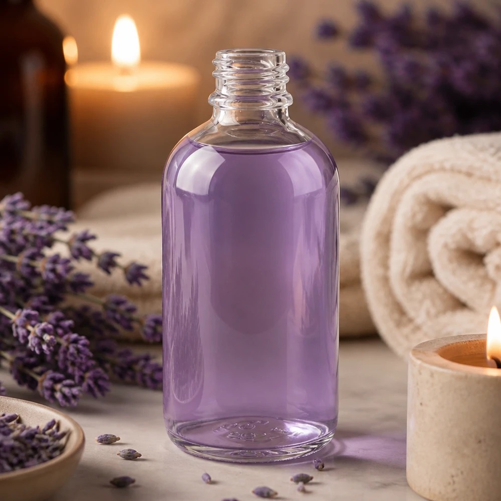 100 ml Apoteksflaske ClearLine DIN18 UNiTWIST Gennemsigtig glasflaske på 100 ml fyldt med lilla væske – UNiTWIST ClearLine apotekerflaske DIN18