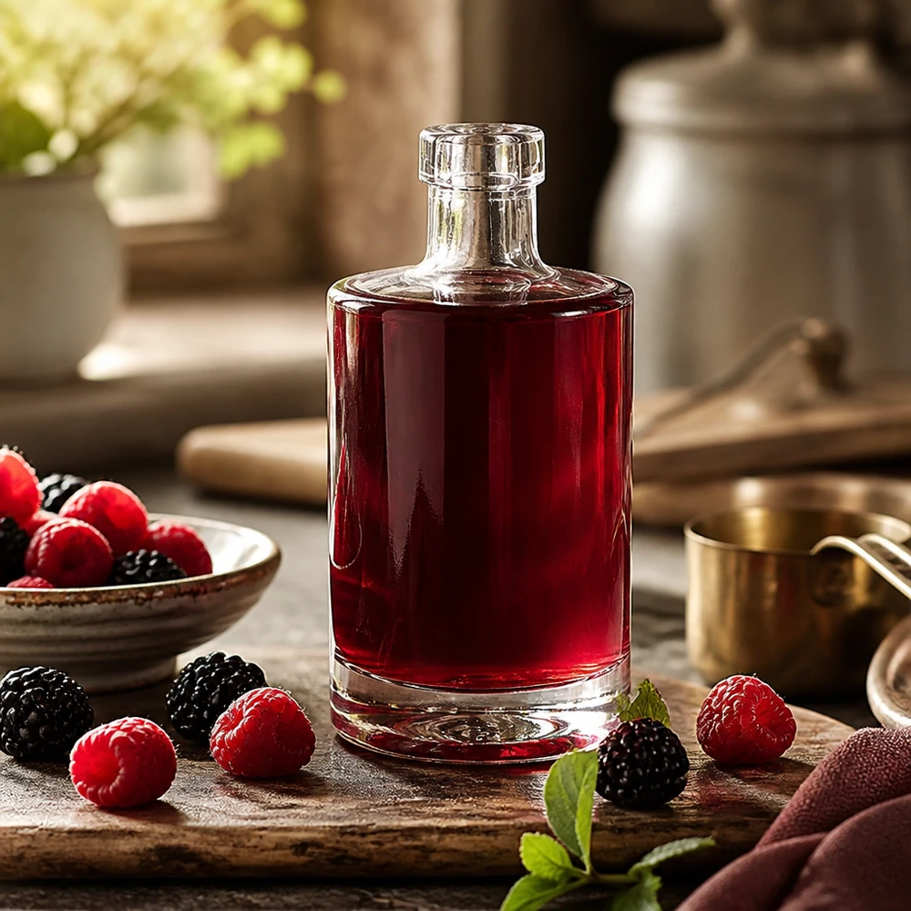 350 ml glasflaske Marie uden lukning UNiTWIST® 350ml Glasflasche Marie mit rotem Beerensaft befüllt umgeben von frischen Himbeeren und Brombeeren rustikale Küche Bild