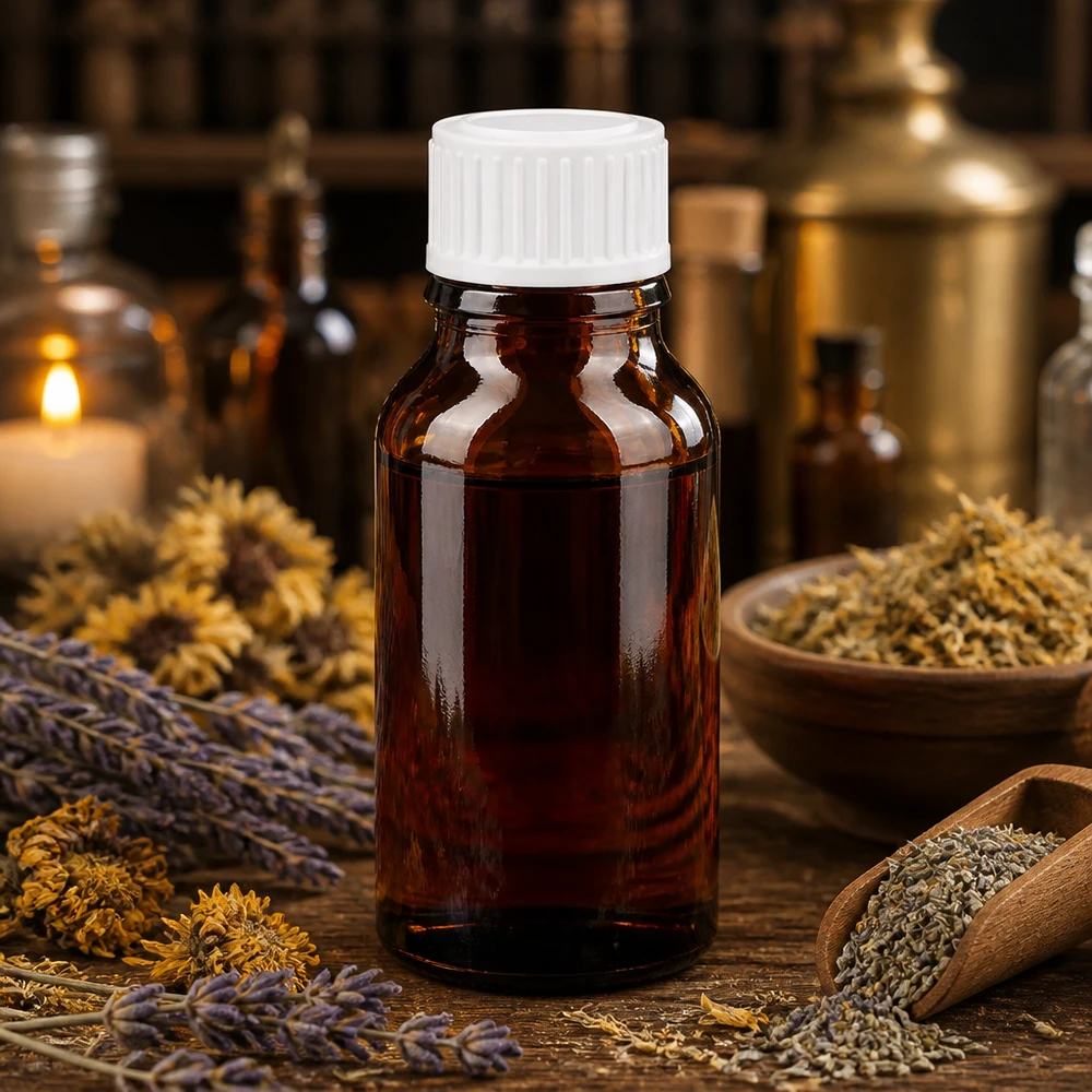 Apoteksflaske brun 15ml skruelåg hvid pc Apoteksflaske, 15 ml, brunt glas, hvid skruelåg, mellem tørrede urter og lavendel