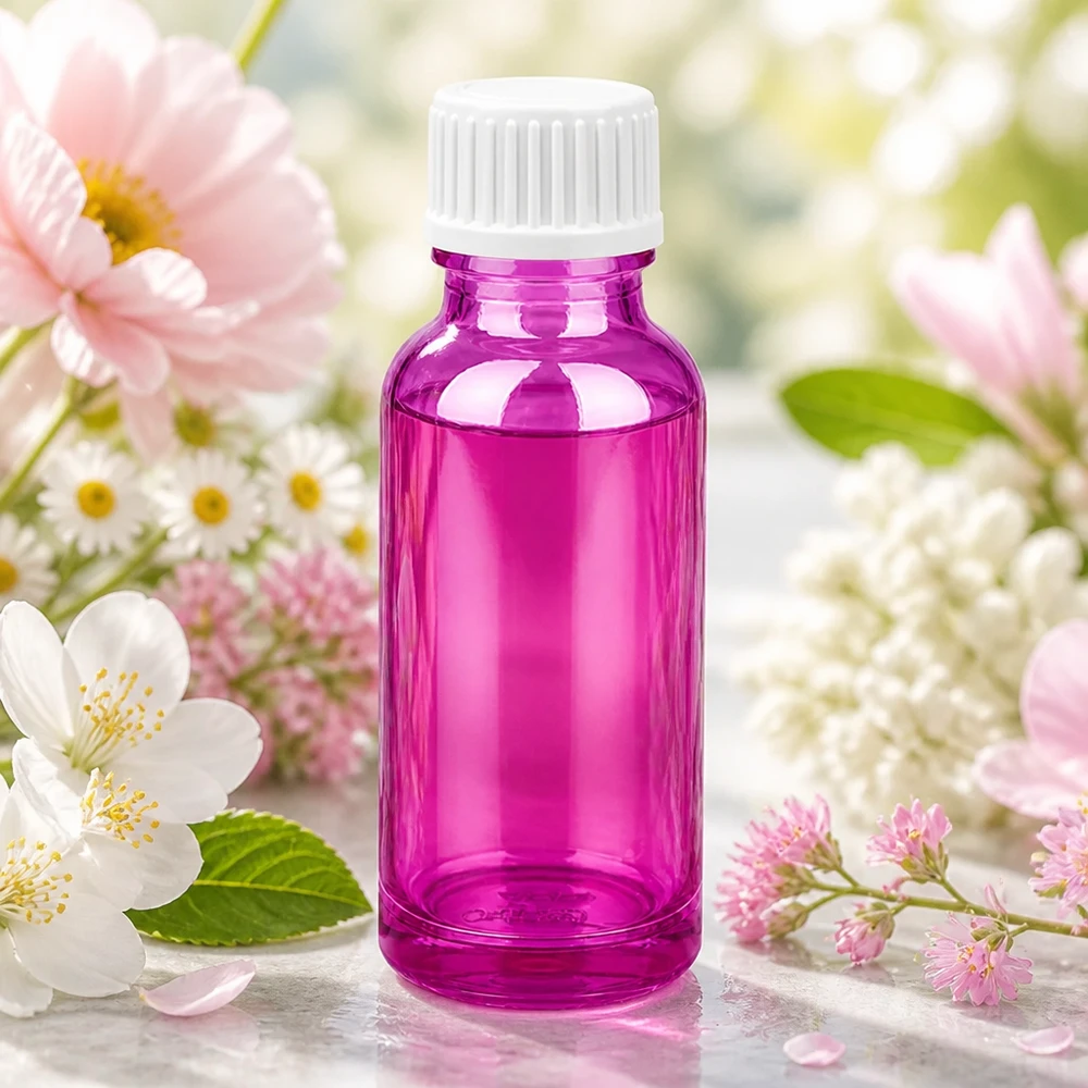 20 ml dråbeflaske 0,9 mm hvid standard PurpleLine. UT18/20 Lilla dråbeflaske 20 ml med hvidt skruelåg til aromaterapi og naturkosmetik