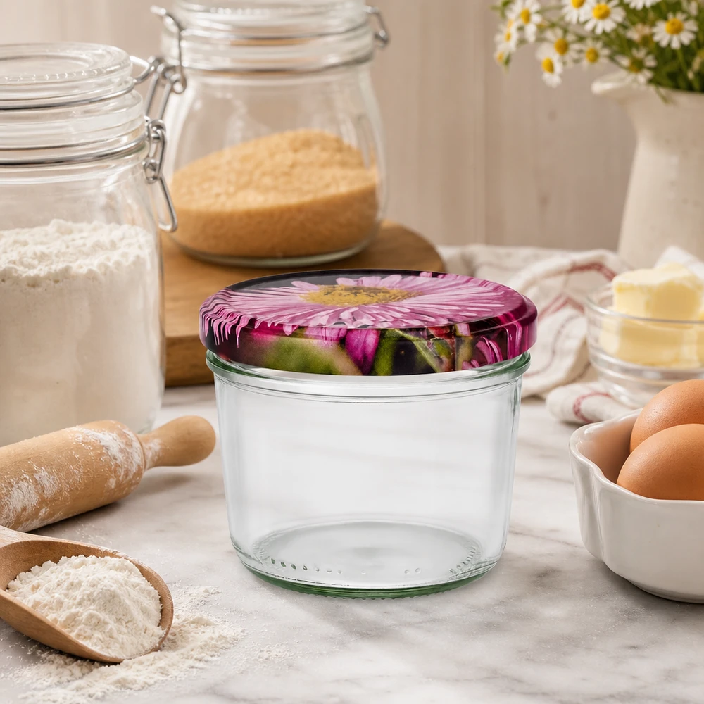 230 ml Briller + BasicSeal låg blomsterdekoration UN Leeres Sturzglas 230ml mit BasicSeal Blütendeckel in Küche zwischen Vorratsgläsern, Eiern und Backutensilien