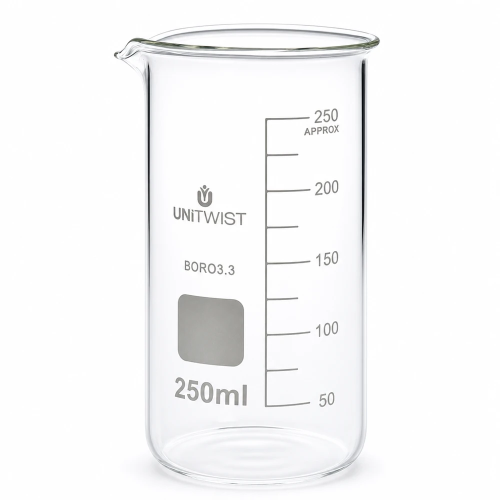 Bæger 250 ml borosilikat, høj form UNITWIST 250 ml høj beger af borosilikatglas fra UNITWIST med milliliterskala