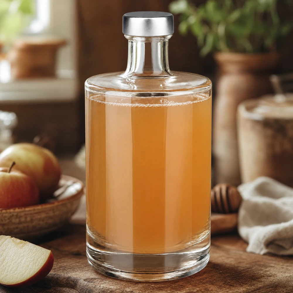 500 ml glasflaske »Sam« og skruelåg sølv UNiTWIST® 500 ml glasflaske Sam fyldt med æblejuice ved siden af æbler og honning naturligt køkken varmt trælook