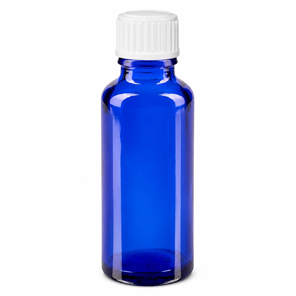 Apoteksflaske blå 30 ml skruelåg hvid pc 30 ml blå apotekerflaske af glas med hvid skruelåg, 11 mm