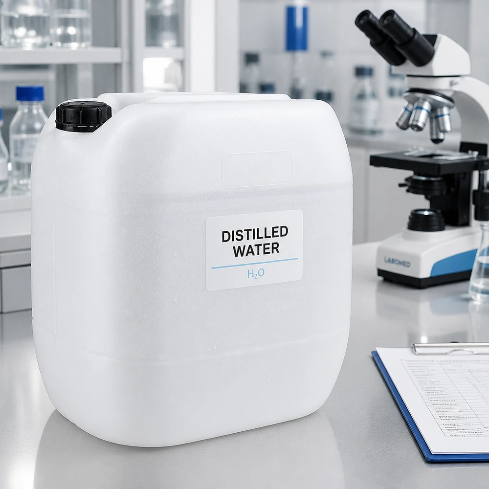 Destilleret vand (H₂O) i 30-liters dunke med skruelåg i laboratoriet