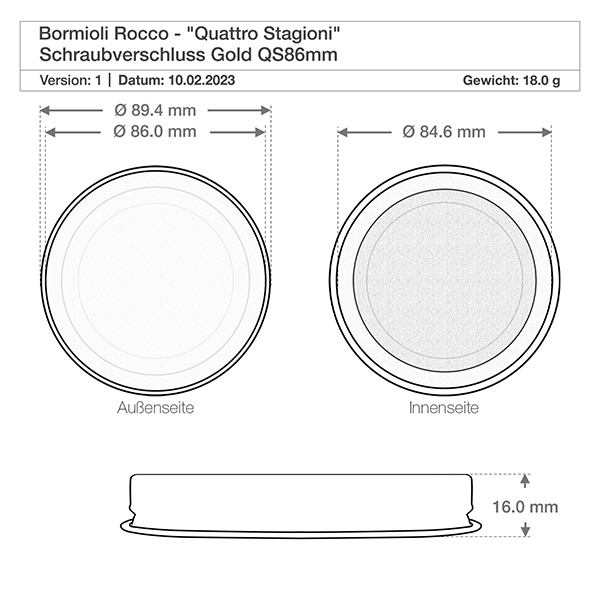 200 ml "Quattro Stagioni"-brillerne med låg Teknisk tegning Bormioli Rocco Quattro Stagioni låg QS86mm med dimensioner Diameter 89,4mm Vægt 18g