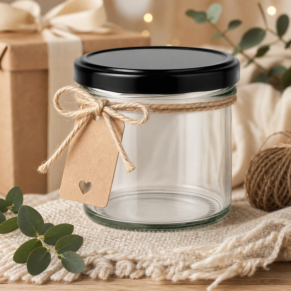 125 ml Briller med BasicSeal-låg sort UNiTWIST 125 ml glas med sort låg som gaveidé dekoreret med jutesnor og rustikt hjertevedhæng