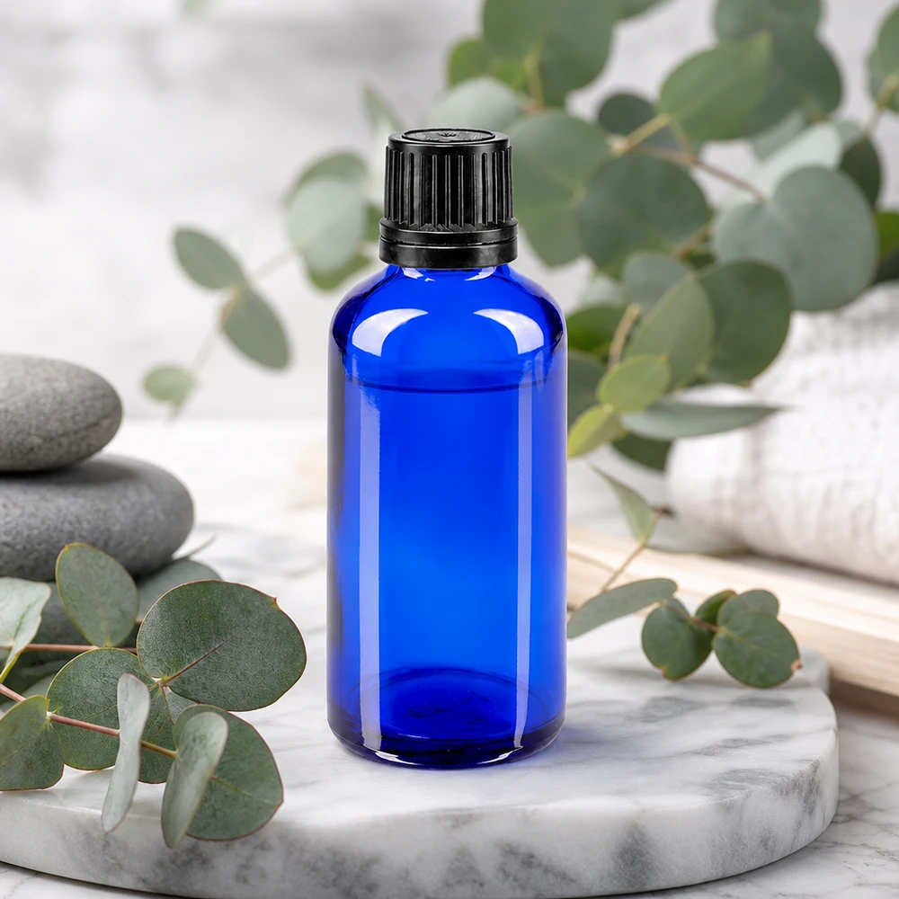 Apoteksflaske blå 50ml skruelåg sort hældeprop r. OV Koboltblå 50 ml apotekerflaske med sort OV-lukning på marmor med eukalyptus
