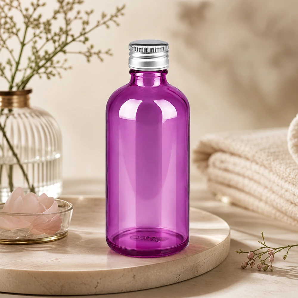 100 ml flaske. 11 mm skruelåg aluminium-sølv standard PurpleLine. UT18/100 Elegant 100 ml violet glasflaske med sølvhætte til DIY-kosmetik og naturprodukter