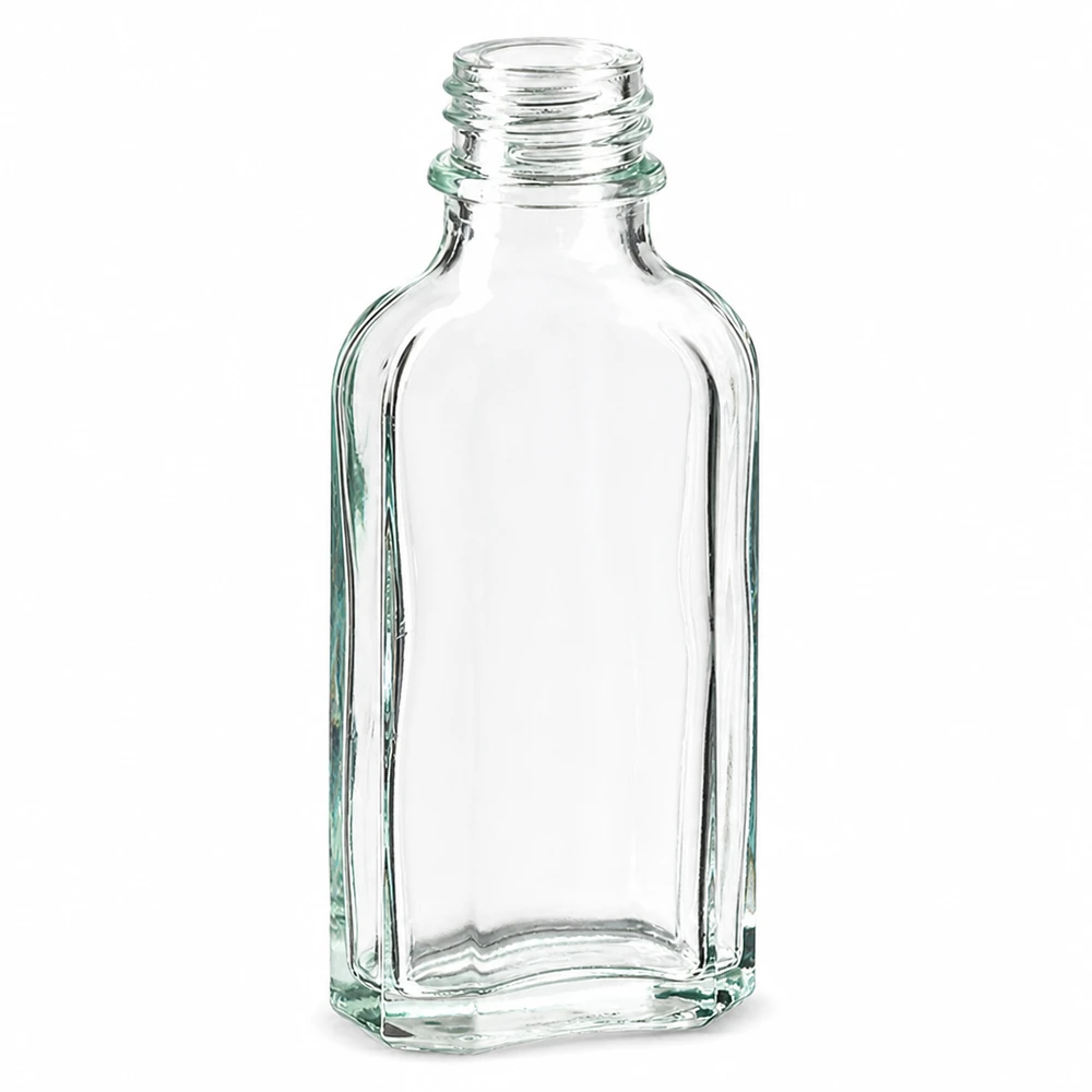 50 ml gennemsigtig glasflaske med flad bund og DIN22-gevind til væsker
