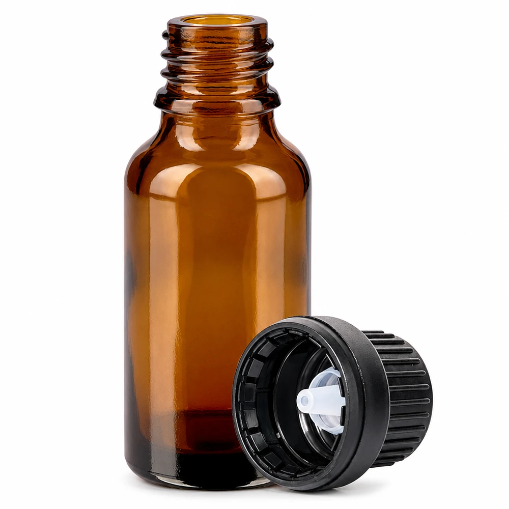10 ml dråbeflaske 2 mm sort OV BrownLine UT18/10 Brun glasflaske 10 ml med 2 mm dråbeindsats og sort skruelåg til aromaterapi