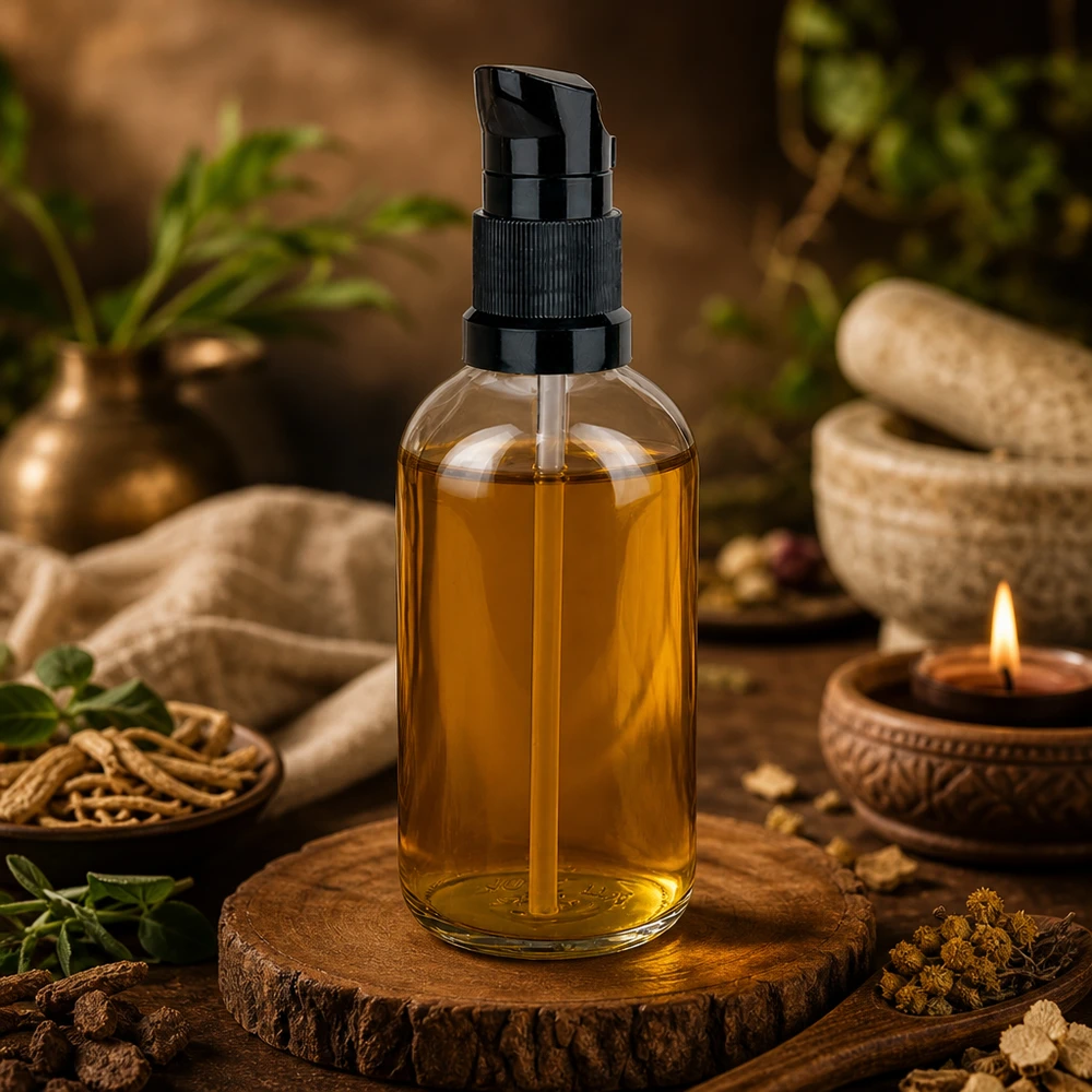 100 ml pumpeflaske sort STD ClearLine UT18/100 Gennemsigtig 100 ml pumpeflaske med sort pumpe, ravfarvet olie, træunderlag, ayurvedisk stemning